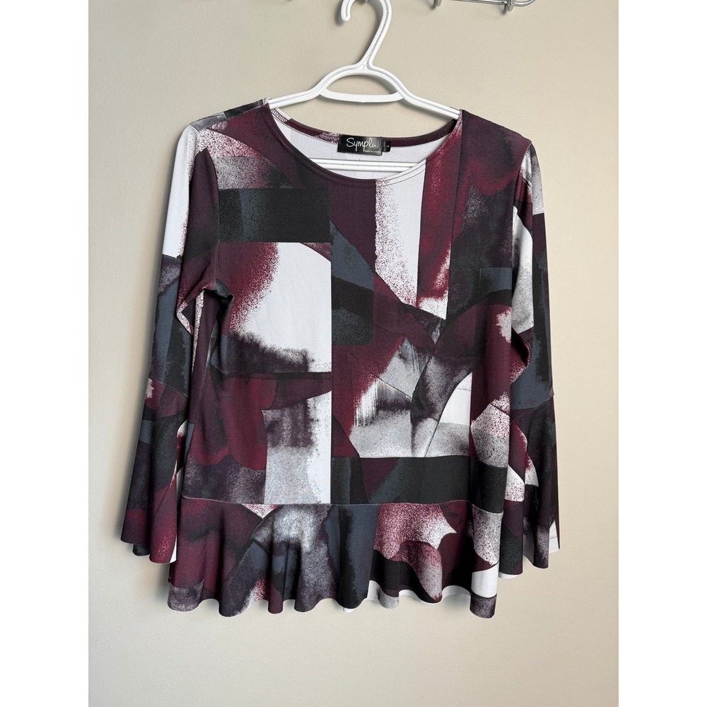 Sympli Geometric Peplum Bell Sleeve Top 6 Art To Wear Lagenlook Abstract *Flaw*